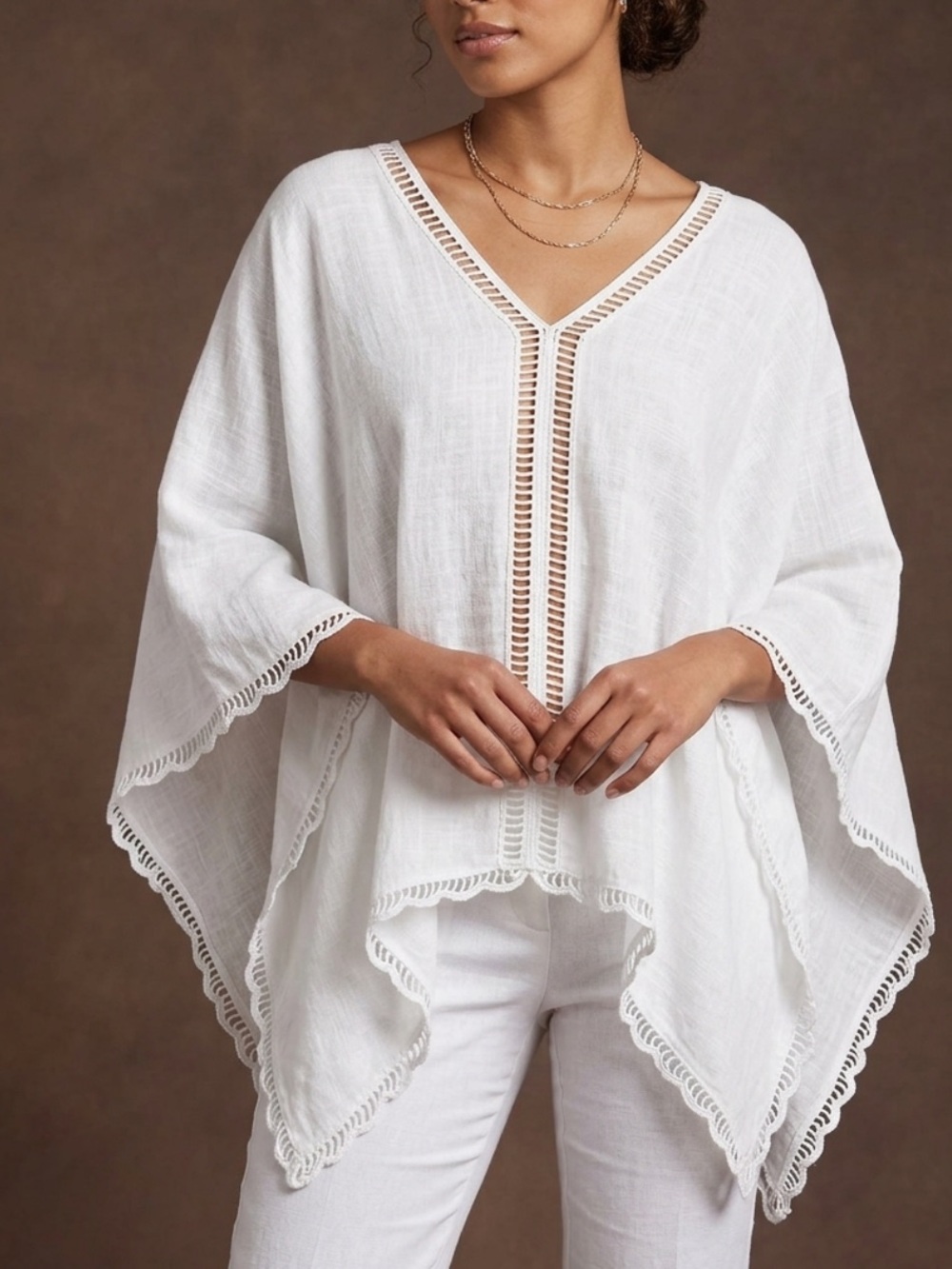 Mind Set By XCVI 100% cotton Oversized Crochet Trim Poncho blouse White S/M/L